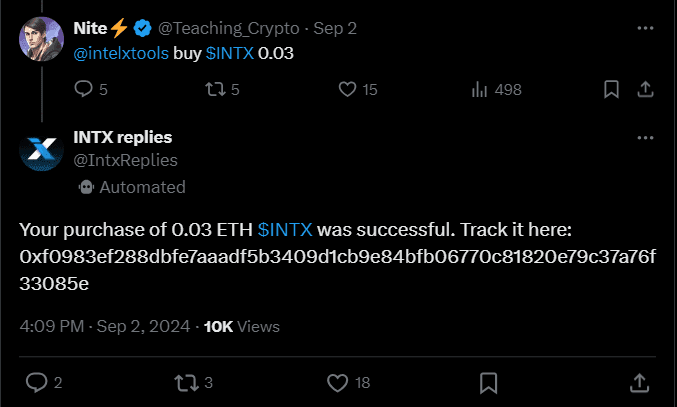 Buy Tokens with IntelX Bot on X (Twitter)